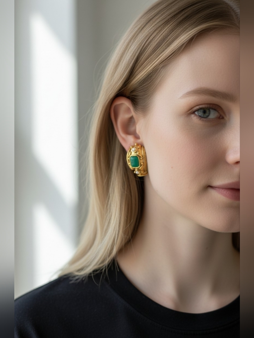Vintage Vendome Byzantine Clip-On Earrings Gold Green Cabochon Statement Luxe - Picture 5 of 10